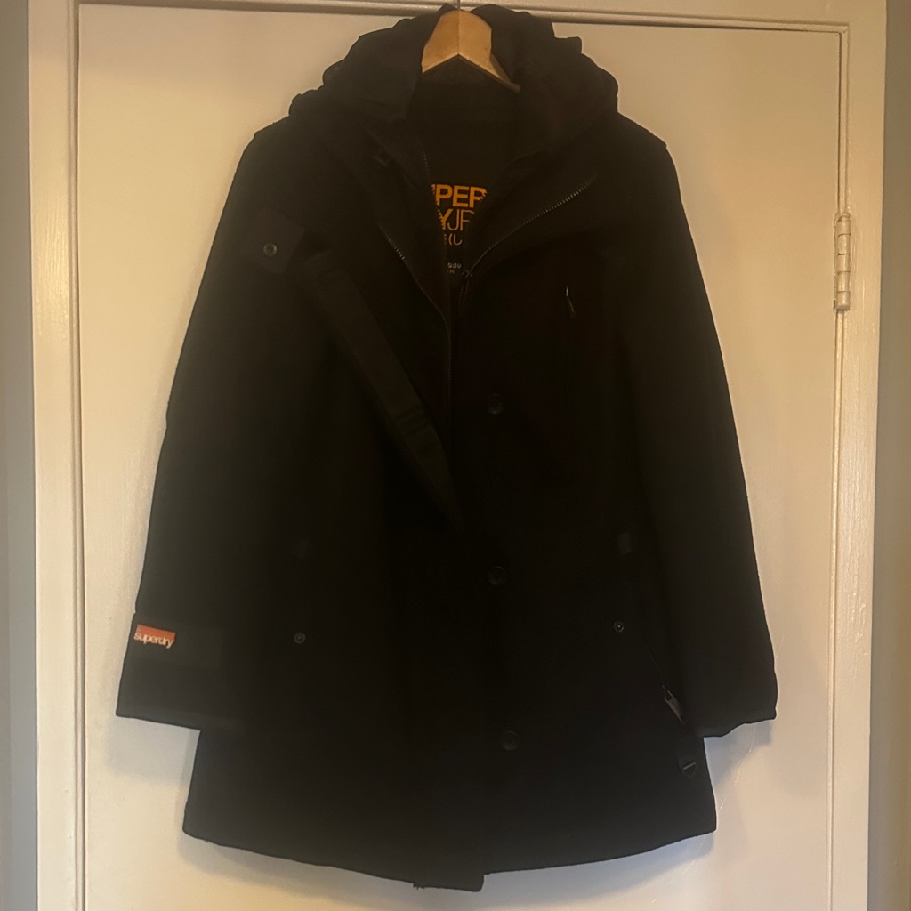 Superdry Black Hooded Coat Very Well Made Strong By Design Medium Runs Small 34